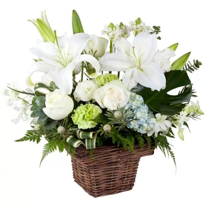 Canastillo de Condolencias Pequeño Liliums y Rosas Blancas