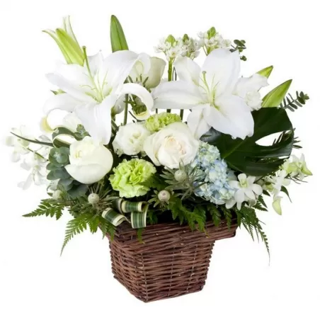 Canastillo de Condolencias Pequeño Liliums y Rosas Blancas