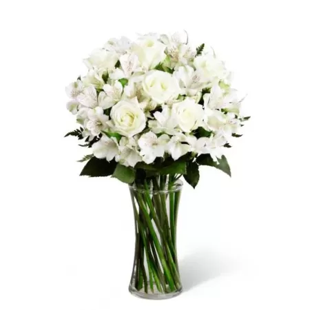 Florero para Condolencias de 8 Rosas y Astromelias Blancas