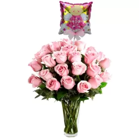 Florero Nacimiento 24 Rosas Rosadas con Globo es una Niña
