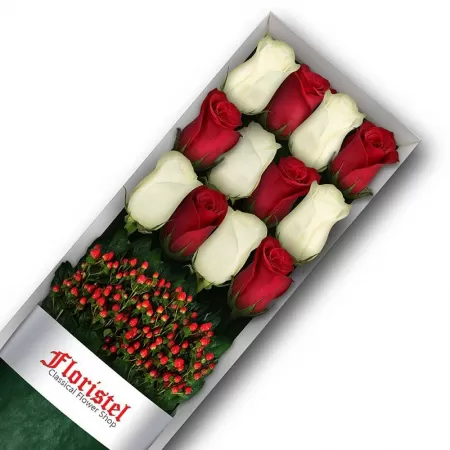 Caja de 12 Rosas Rojas y Blancas