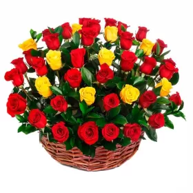 Canastillo redondo con 40 Rosas Rojas y Amarillas
