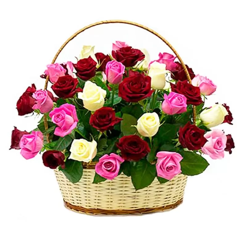 Canastillo Redondo Tricolor con 30 Rosas Rosadas y Rojas