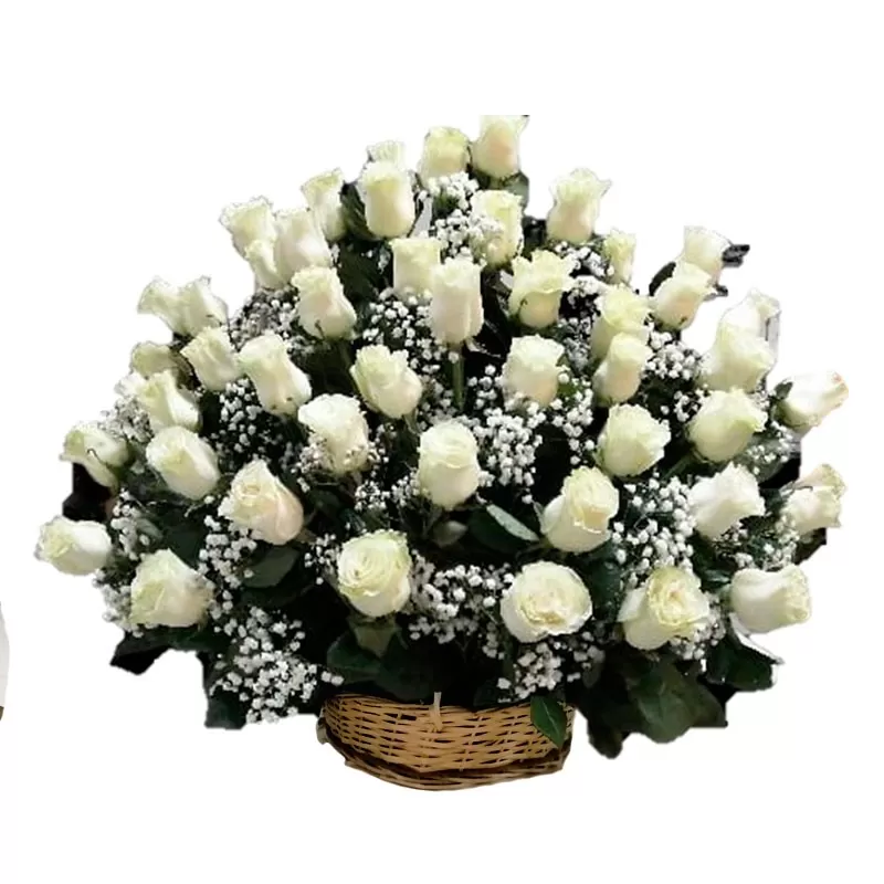 Canastillo de Condolencias en Abanico 50 Rosas Blancas