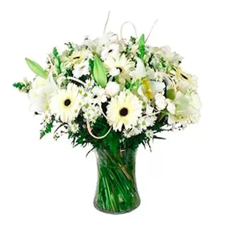 Florero de Condolencias Flores Gerberas y Lilums Blancos