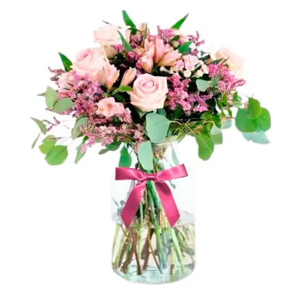 Florero Rústico con Flores Rosadas Eucalipto 6 rosas Astromelias Limonios y Flores Silvestres