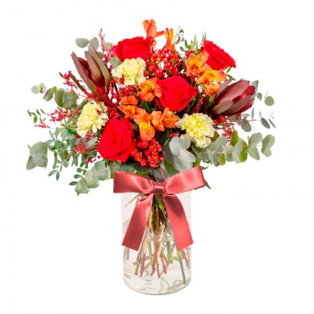 Florero Rústico con Flores Rojas Eucalipto 6 rosas Rojas Astromelias Limonios y Flores Silvestres