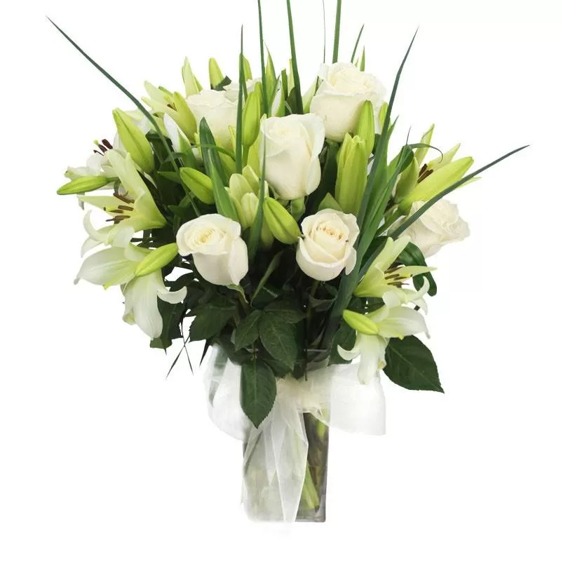 Florero para Condolencias Rosas y Liliums Blancos