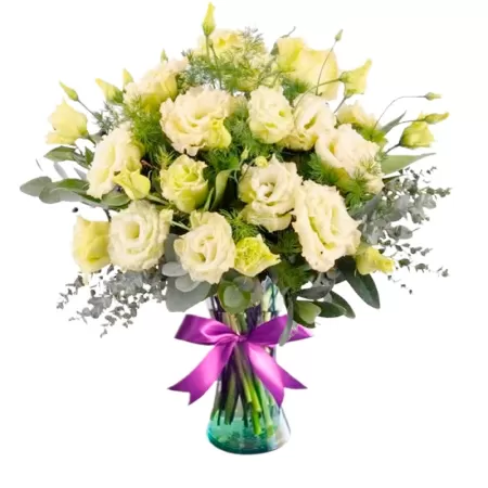 Florero con 10 Lisianthus Blancos más Flores Rústicas y Eucaliptos