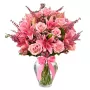 Florero con 10 Liliums rosados más 10 Rosas Rosadas y limonios rosados