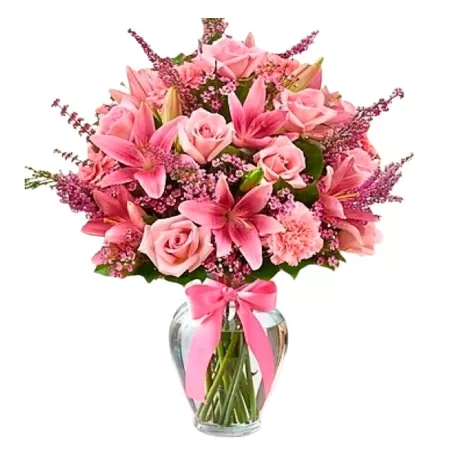 Florero con 10 Liliums rosados más 10 Rosas Rosadas y limonios rosados