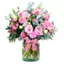 Florero con 10 Lisianthus rosados más rosas rosadas 8 más Flores Rústicas y Eucaliptos