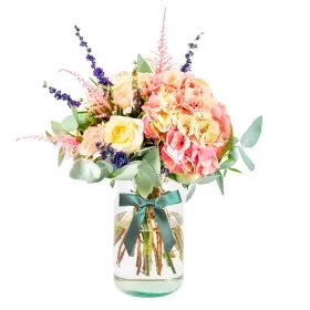Florero con flores Rústicas en Tonos Rosadas con 2 Hortensias Eucalipto más flores mix Florero con flores Rústicas en Tonos Rosadas con 2 Hortensias Eucalipto más flores mix