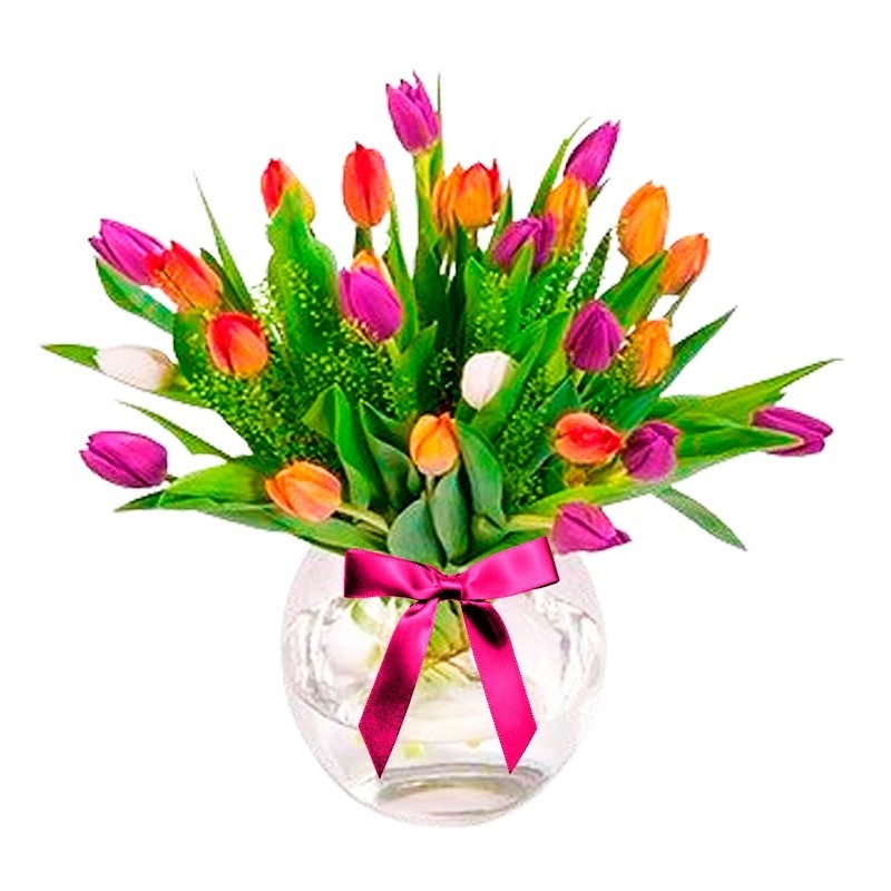 Florero Con 20 Tulipanes Colores Naranjas y Rosados
