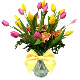 Florero Con 20 Tulipanes Colores Amarillos y Rosados