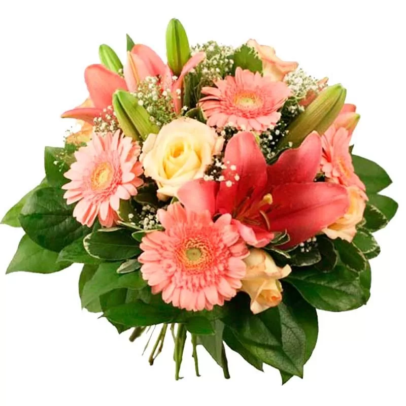 Ramo de Flores con Gerberas y Liliums Rosados Mediano - FLORISTEL - FLORES  A DOMICILIO