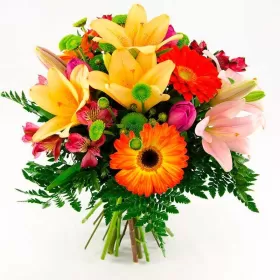Ramo de Flores Mediano En tonos Naranja con Liliums Gerberas y Mix de Flores