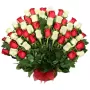 Abanico en Canastillo Grande de condolencias 50 Rosas Rojas y Blancas