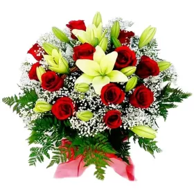 Canastillo Mediano de Condolencias 12 Rosas Rojas Liliums