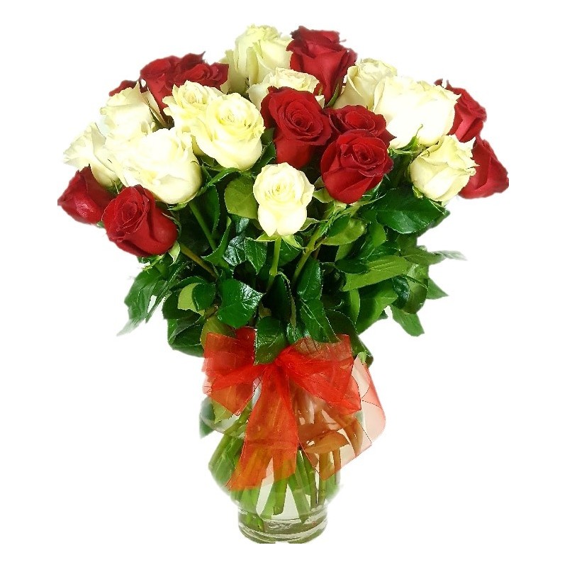 Florero con 50 Rosas Rojas y Blancas Importadas.