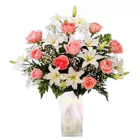 Florero con 10 Lilium Blancos y 12 Rosas Rosadas