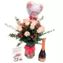 Florero 12 rosas rosadas para Aniversario más Chocolates y Champagne