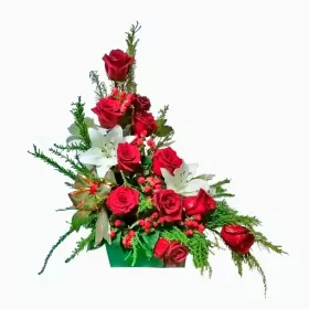 Canastillo Mediano de Centro Navideño Accedente 12 Rosas Canastillo Mediano de Centro Navideño Accedente 12 Rosas