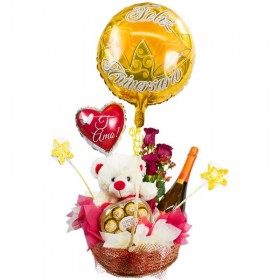 Arreglo de Aniversario con Globos + Champagne + Bombones + Peluche