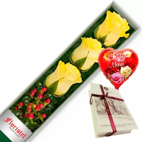 CAJA CON 3 ROSAS AMARILLAS MAS GLOBO DÍA DE LA MADRE Y CHOCOLATE