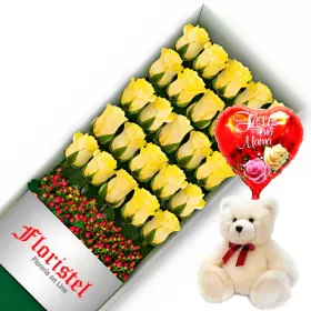CAJA CON 24 ROSAS AMARILLAS MÁS GLOBO DÍA DE LA MADRE Y PELUCHE 