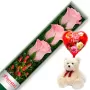CAJA CON 3 ROSAS ROSADAS MAS GLOBO DÍA DE LA MADRE Y PELUCHE