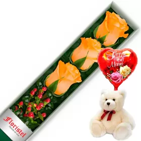 CAJA CON 3 ROSAS DAMASCO MAS GLOBO DÍA DE LA MADRE Y PELUCHE