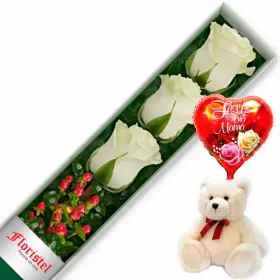 CAJA CON 3 ROSAS BLANCAS MAS GLOBO DÍA DE LA MADRE Y PELUCHE