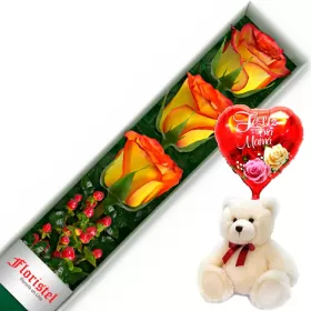 CAJA CON 3 ROSAS CIRCUS MAS GLOBO DÍA DE LA MADRE Y PELUCHE