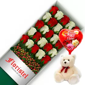 CAJA CON 24 ROSAS BLANCAS Y ROJAS MÁS GLOBO DÍA DE LA MADRE Y PELUCHE 
