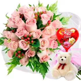RAMO DE 24 ROSAS ROSADAS MÁS GLOBO DÍA DE LA MADRE Y PELUCHE