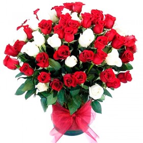 Florero con 70 Rosas Rojas y Blancas Importadas.