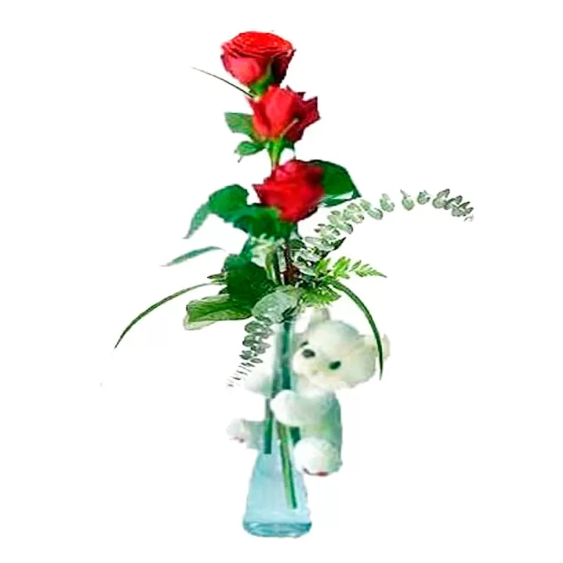 Florero de 3 Rosas Rojas y Peluche