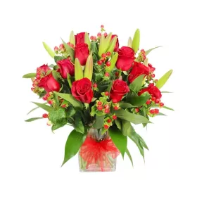 Florero de 12 Rosas Rojas y 10 Liliums Rojos
