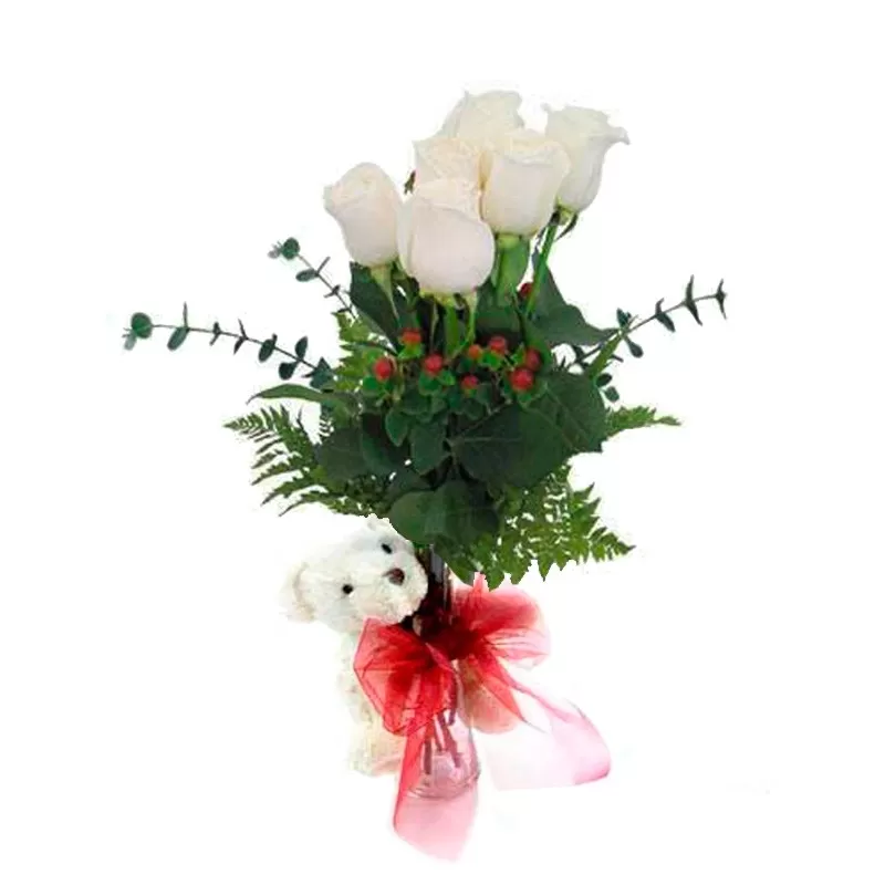 Florero de 6 Rosas Blancas y Peluche