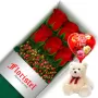 CAJA CON 6 ROSAS ROJAS MAS GLOBO DÍA DE LA MADRE Y PELUCHE