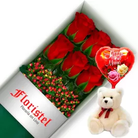 CAJA CON 6 ROSAS ROJAS MAS GLOBO DÍA DE LA MADRE Y PELUCHE